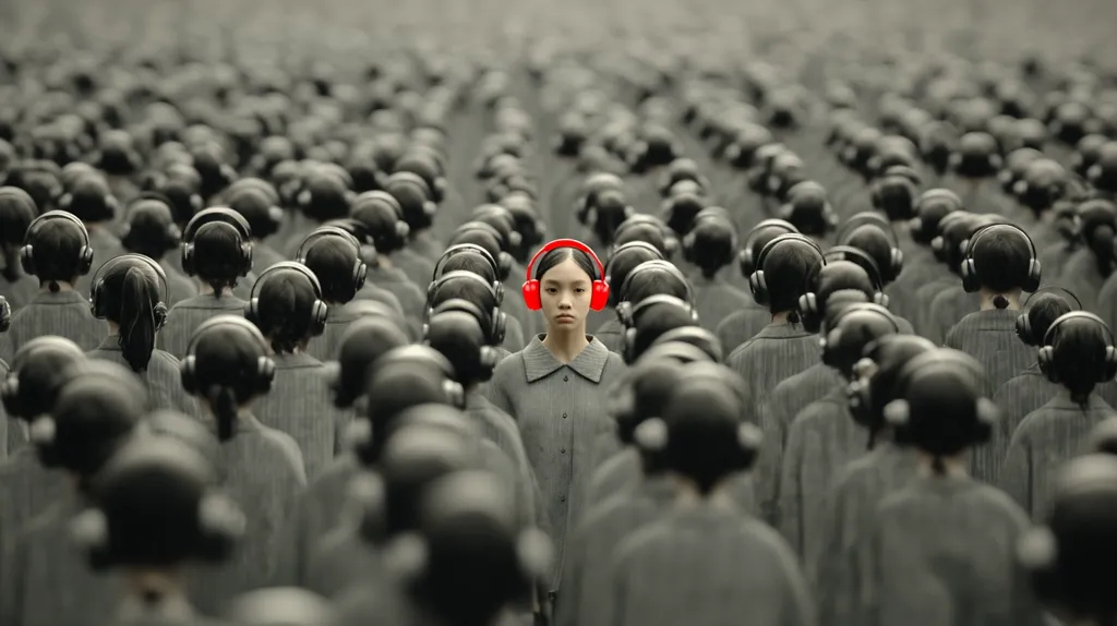 A young woman stands out in a sea of identical individuals, all wearing dark gray clothing and black headphones.  She is the only one wearing bright red headphones, signifying her individuality and difference from the conforming crowd. The image suggests themes of conformity, rebellion, and standing apart from the mainstream.