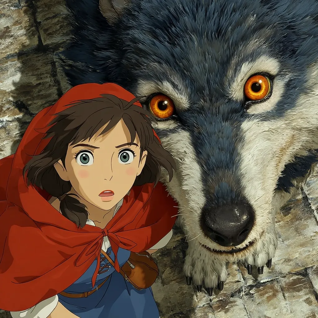A young woman, resembling Little Red Riding Hood in her red cloak and blue dress, looks up in surprise or fear.  Dominating the image is a large, imposing wolf with intense amber eyes, its massive head filling most of the frame. The scene suggests a tense encounter between the girl and the wolf, possibly from an animated film or graphic novel. The cobblestone ground adds to the atmospheric setting.