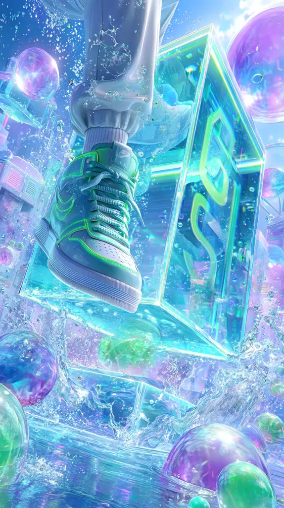 A vibrant, surreal image showcases a person's leg in a light blue shoe, splashing through a turquoise, watery landscape.  Large, iridescent bubbles float amidst geometric, translucent shapes and structures, creating a dreamy, otherworldly atmosphere. The shoe, with bright green accents, is the focal point, emphasizing a sense of motion and playful energy. The overall aesthetic is one of futuristic fantasy and aquatic whimsy.