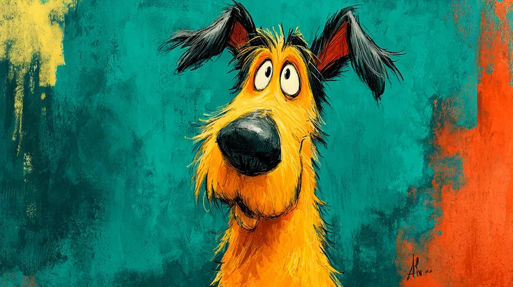 A whimsical painting depicts a cartoonish dog, predominantly orange with black ears and a large, dark nose.  Its expressive eyes convey a curious or slightly surprised look. The dog is set against a vibrant teal and orange textured background, suggesting a playful and artistic style. The brushstrokes are visible, adding to the painting's hand-crafted feel.
