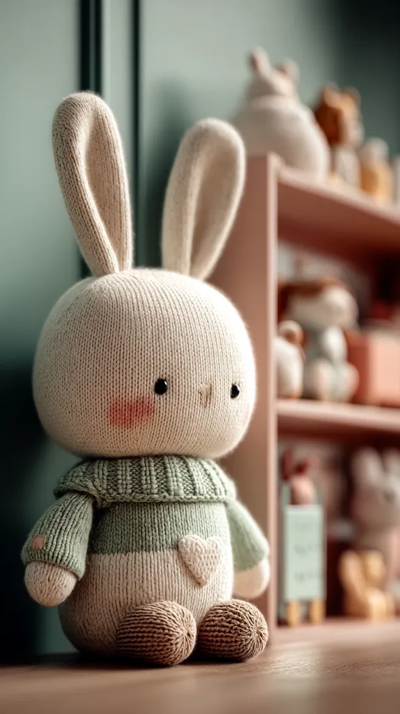 A hand-knitted bunny toy sits on a wooden surface.  The bunny is cream-colored with a sage green sweater and features a small heart detail on its chest.  Its long ears droop slightly, and it has small, dark eyes. The bunny is positioned in front of a blurred background showcasing a shelf filled with other knitted toys and home décor items, creating a cozy and charming scene.