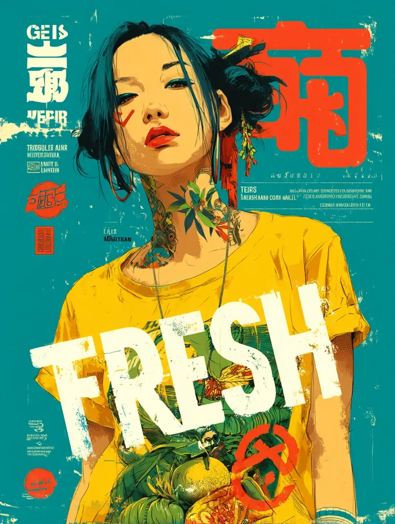 A vibrant, stylized illustration features a young woman with dark hair and intricate tattoos, wearing a yellow t-shirt with the word "FRESH" prominently displayed.  She holds a bundle of colorful fruits and vegetables. The background incorporates a teal color scheme and Asian-inspired typography, creating a striking visual contrast. The overall style is bold and graphic, suggestive of a poster or album art.