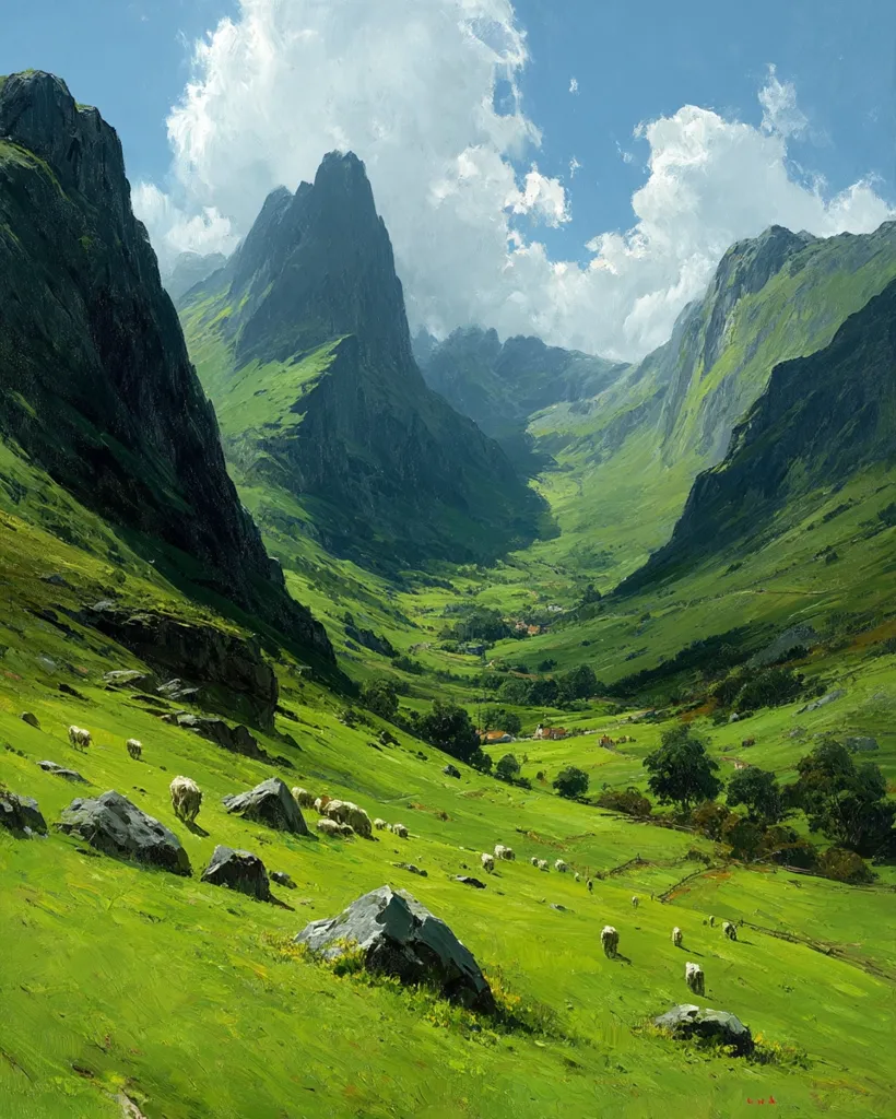 A vibrant landscape painting depicts a lush green valley nestled between towering, dark-green mountains.  Sheep graze peacefully on the bright green slopes. A small village is visible in the valley below. The sky is partly cloudy, with sunlight illuminating the scene.  The overall impression is one of serene beauty and tranquility in a mountainous region.