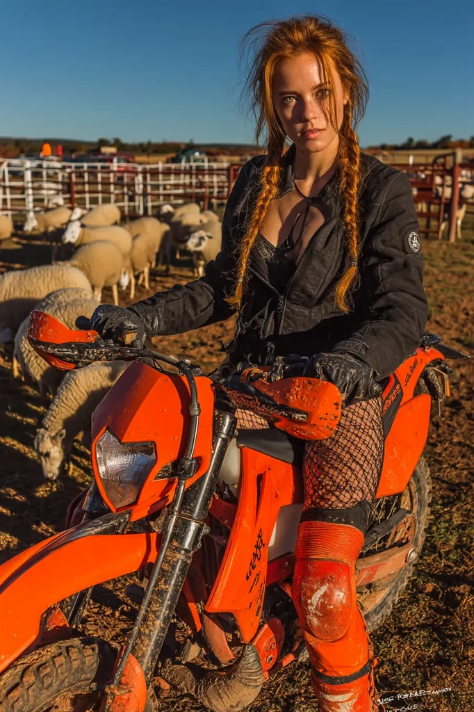 A young woman with vibrant red hair in braids sits astride a bright orange dirt bike. She's dressed in a black jacket, fishnet stockings, and protective motorcycle gear.  The setting is rural, with a flock of sheep visible in the background, suggesting a farm or ranch.  The sunlit scene contrasts the bright bike with the muted earth tones.  Her intense gaze directly at the camera adds a captivating element to the image.