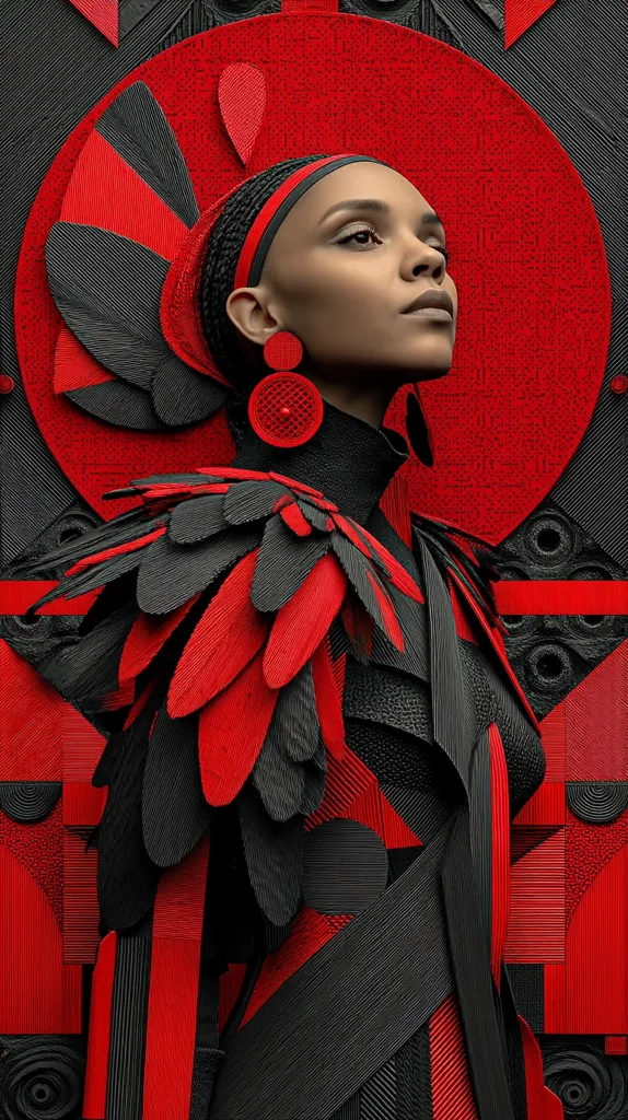 A digital artwork portrays a woman adorned in a striking ensemble of black and red.  Her headpiece and shoulder pieces resemble stylized feathers, creating a dramatic silhouette.  The background is a geometric pattern of contrasting red and black, enhancing the overall bold and artistic presentation. The woman's gaze is directed upward, adding to the image's sense of mystery and power.