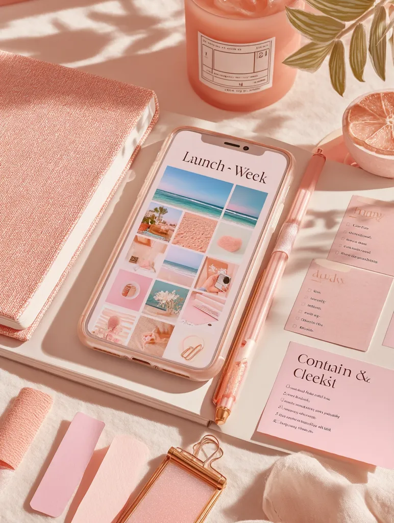 A flat lay showcasing a rose gold aesthetic.  A smartphone displays a "Launch Week" collage, surrounded by a rose-gold notebook, pen, sticky notes, a candle, and a piece of grapefruit.  The overall tone is soft, feminine, and visually appealing, suggesting a planner or business-related context.  The color palette is consistently pastel pink and gold.