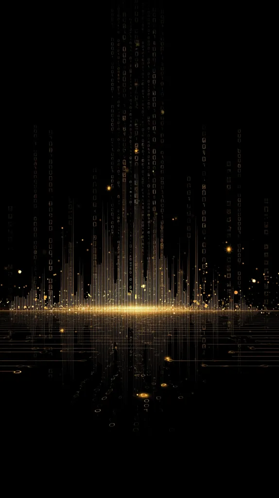 A dark abstract image features vertical lines of golden binary code cascading downwards, culminating in a glowing, horizontal band of light at the bottom.  The lines vary in height, resembling a digital audio waveform or a cityscape at night.  The effect is mirrored below the light band, creating a symmetrical, technological aesthetic.  Sparkle-like particles add to the visual interest.