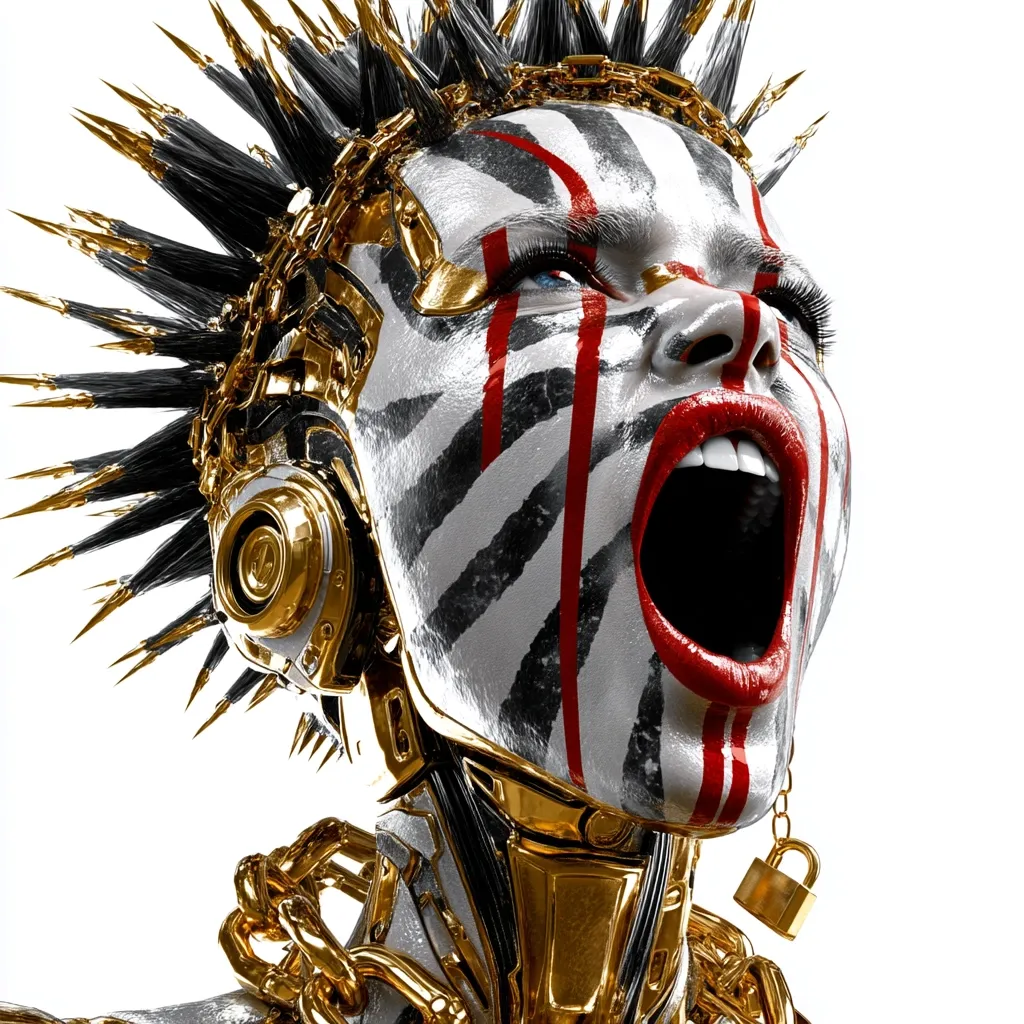A close-up digital rendering depicts a cyborg woman with a striking mohawk adorned with gold chains. Her face is painted with a zebra-like pattern in black, white, and red, and her mouth is open in a dramatic scream.  Gold robotic elements encase her neck and ears, adding to the futuristic and tribal fusion aesthetic.  A small padlock hangs from a chain near her throat. The overall effect is one of powerful defiance and futuristic tribalism.
