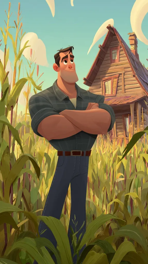 A stylized illustration depicts a strong, muscular farmer standing with arms crossed in a cornfield. He wears a plaid shirt, jeans, and a brown belt.  Behind him, a rustic wooden farmhouse sits under a light blue sky with fluffy white clouds. The style is reminiscent of animation or children's book illustration, with bold colors and simplified forms. The overall mood is peaceful and idyllic.