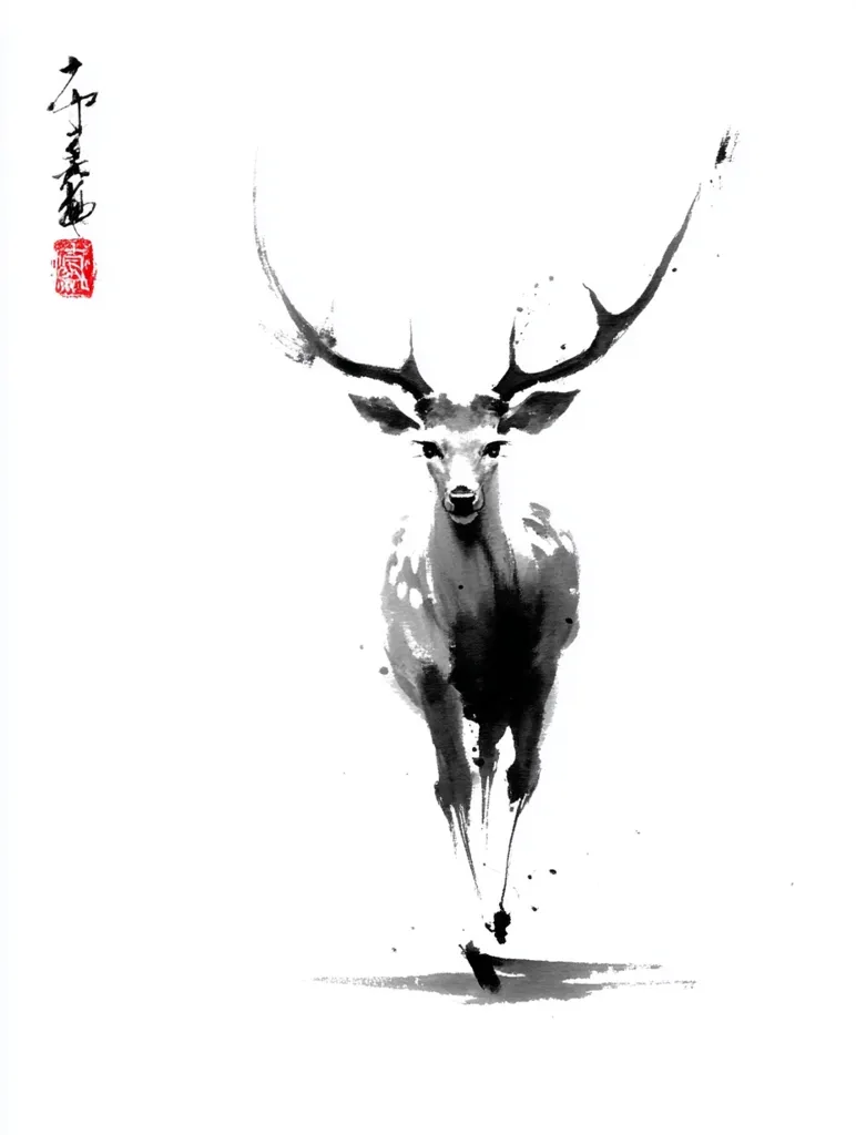 A monochrome ink wash painting depicts a stag walking towards the viewer. Its large antlers spread wide, and its body is rendered with loose, expressive brushstrokes, suggesting movement.  The style is reminiscent of traditional East Asian art, with a minimalist background emphasizing the deer's presence.  A calligraphic inscription and a red seal add to the artwork's artistic character.