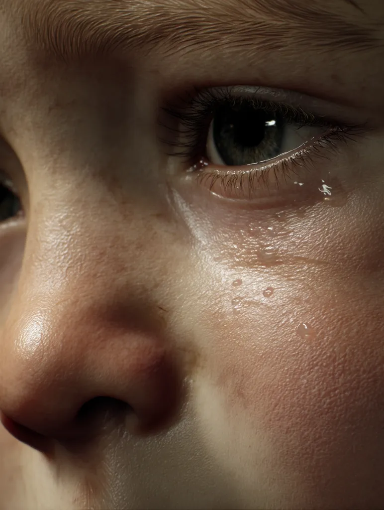 Close-up of a child's face, showcasing realistic detail.  Tears stream down their cheek, highlighting the texture of their skin.  Their eyes, partially visible, convey sadness. The image's focus is on the emotion expressed through the subtle details of the face and the wetness of the tears. The lighting emphasizes the texture and the emotional depth of the scene.