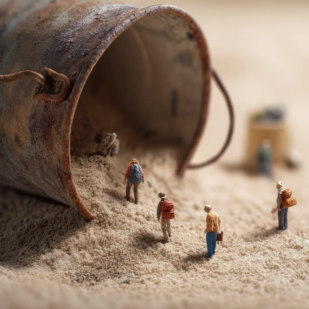 Miniature figures of hikers explore a landscape dominated by a large, rusty, overturned bucket partially buried in sand.  The figures are small in scale compared to the bucket, emphasizing the vastness of the setting.  One figure is partially inside the bucket, suggesting exploration or discovery.  The scene evokes a sense of adventure and scale.
