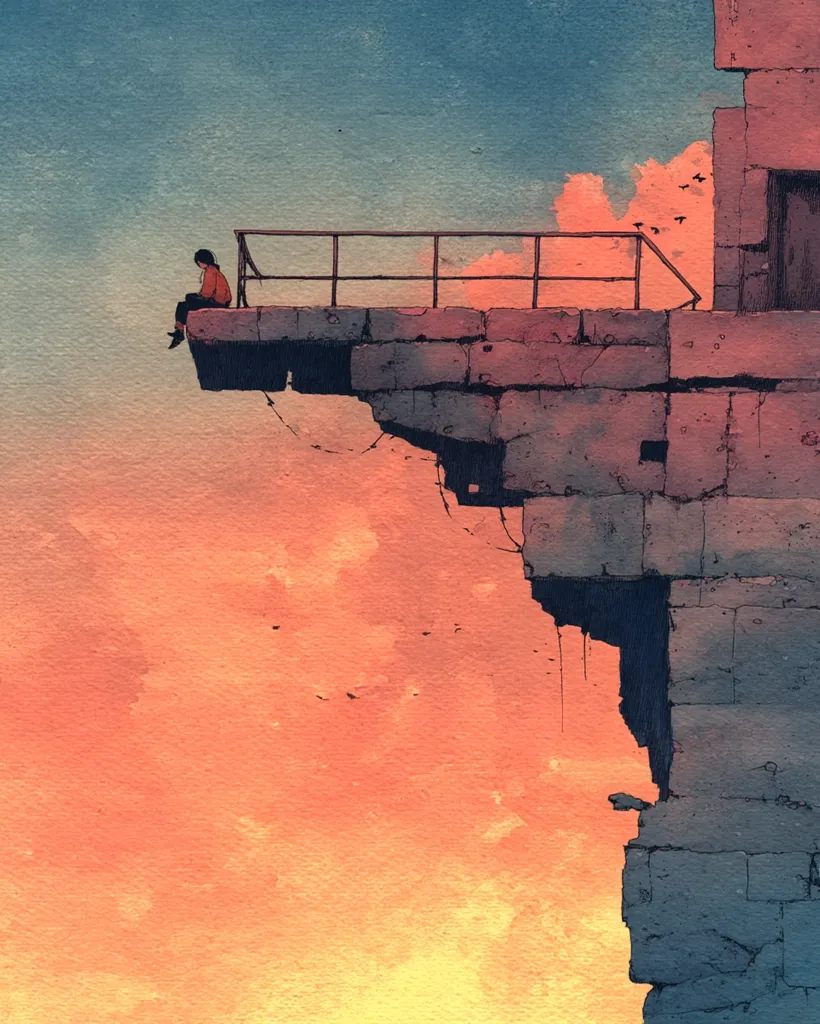 A lone figure sits on a crumbling stone ledge at sunset, overlooking a vast, warm-toned sky.  The ledge extends from a weathered, aged structure, suggesting fragility and solitude.  Birds fly in the distance, adding to the melancholic atmosphere of the scene. The overall impression is one of isolation and contemplation.