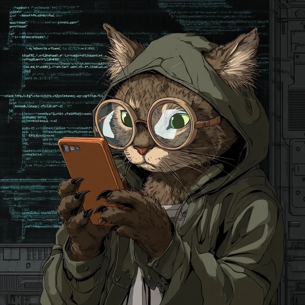 A stylized illustration depicts a cat wearing round glasses and a hooded jacket, intently using a smartphone.  The background features lines of computer code, suggesting a technological context. The cat's expression is serious and focused, emphasizing its engagement with the device. The overall style is a blend of realism and cartooning, creating a unique and engaging image.