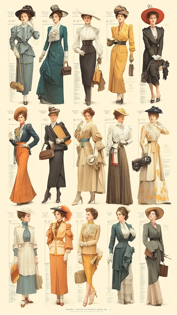 A chart showcasing twenty Edwardian-era women's fashion. Each woman is depicted in a different stylish outfit, complete with hats, gloves, and accessories. The illustrations are detailed and meticulously rendered, exhibiting a variety of silhouettes, fabrics, and embellishments prevalent in the early 1900s.  The overall aesthetic is elegant and reminiscent of fashion plates from the period.