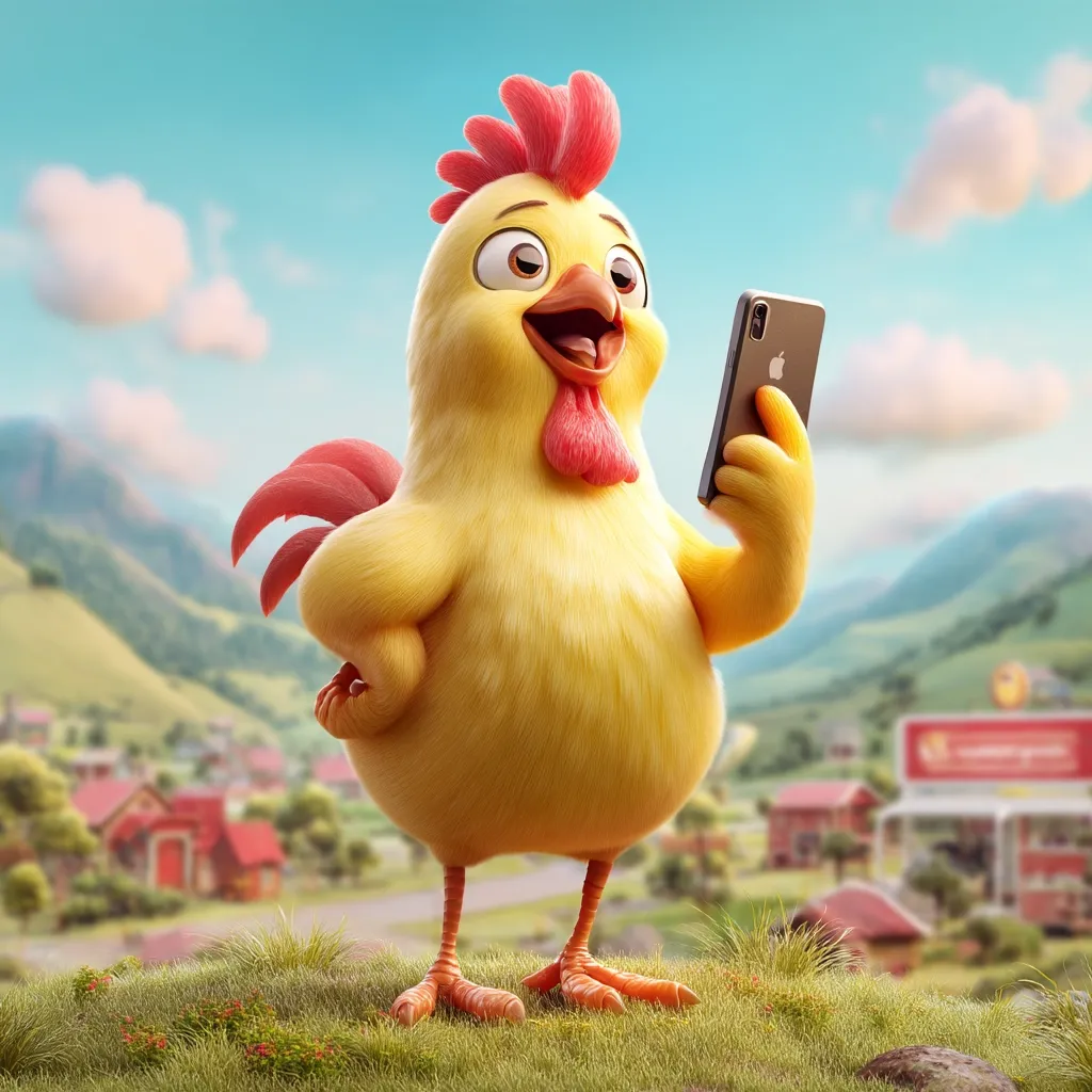 A cheerful, fluffy yellow cartoon chicken holds a smartphone, smiling broadly.  It stands on a grassy knoll overlooking a quaint countryside village under a bright, partly cloudy sky. The chicken's joyful expression and the idyllic background create a charming and whimsical scene.