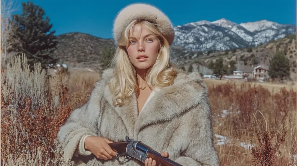 A blonde woman in a luxurious fur coat and matching hat holds a shotgun.  She stands in a field of tall, dried grasses, with a snow-capped mountain range and a distant house visible in the background. The scene evokes a sense of rugged beauty and possibly a hunting or outdoors lifestyle.  The image has a vintage or retro feel.