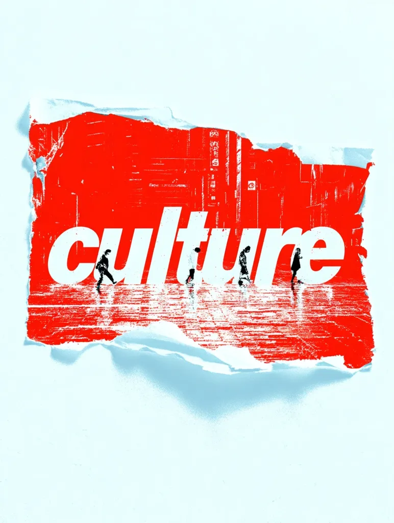 A vibrant red torn poster displays the word "Culture" in bold white lettering.  Silhouetted figures of people walking are subtly incorporated into the design, superimposed over a textured cityscape background. The poster’s distressed edges, affixed to a pale blue surface, create a gritty, urban aesthetic. The overall image evokes themes of societal movement and cultural identity.