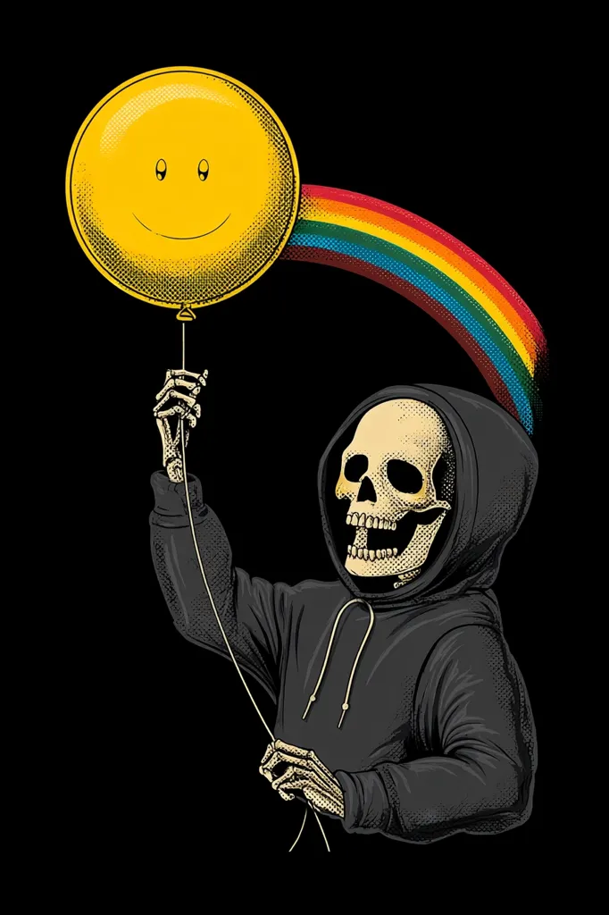 A skeleton in a dark hoodie holds a yellow smiley face balloon.  A rainbow arcs behind the balloon, adding a vibrant contrast to the dark figure. The image presents a juxtaposition of dark and light, death and joy, creating a thought-provoking visual.  The style is reminiscent of vintage graphic design with a modern twist.