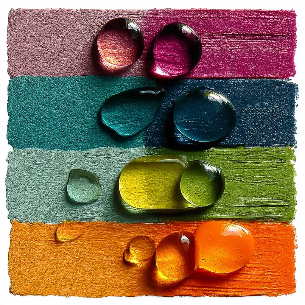 A vibrant image showcases colorful, thickly painted stripes in muted rose, teal, sage, and orange.  On each stripe, several water droplets rest, their colors mirroring, yet subtly contrasting, the hues beneath.  The droplets exhibit a glistening transparency, emphasizing the texture of the paint strokes and creating a visually compelling interplay of color and form. The overall effect is a striking study in texture and color harmony.