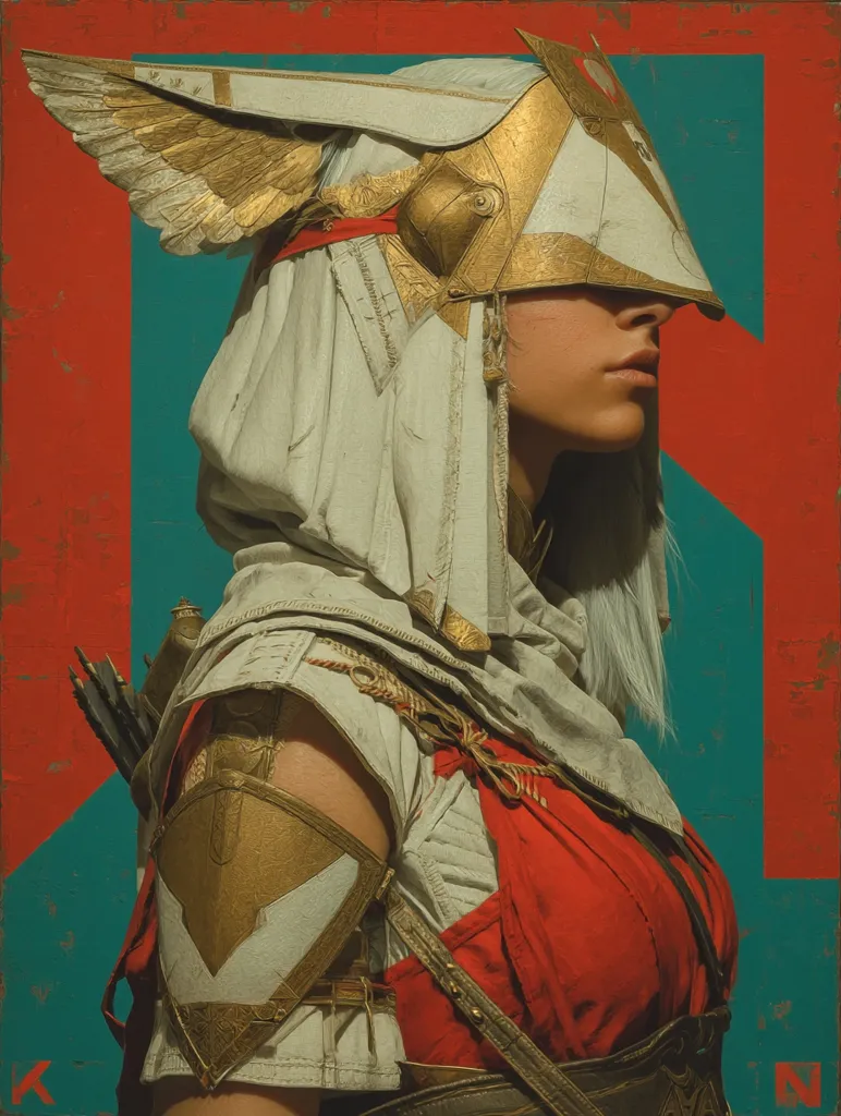 A stylized portrait of a female warrior, her face partially obscured by a large, ornate, winged headdress.  The headdress is primarily white and gold, contrasting with her red undergarment.  She wears gold shoulder armor and carries what appears to be a quiver and arrows. The background is a bold teal and red, creating a striking visual impact.  The overall style is evocative of fantasy and historical art.