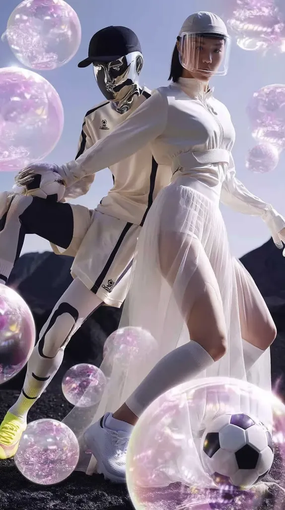 A futuristic fashion shoot features two models in athletic wear amidst floating iridescent bubbles. One model wears a chrome mask and beige athletic gear, while the other is dressed in a sheer white gown and protective face shield. They are posed dynamically, suggesting movement and a connection to sports.  A soccer ball is partially obscured by the bubbles near the models' feet, enhancing the surreal, dreamlike atmosphere.