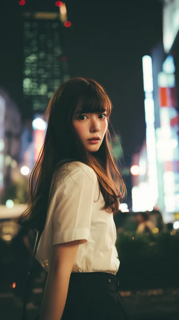 A young woman with long brown hair, wearing a white shirt and black skirt, stands in a city at night.  The background is blurred, showcasing brightly lit buildings and city lights. She looks over her shoulder, her expression is slightly serious. The overall mood is atmospheric and stylish.