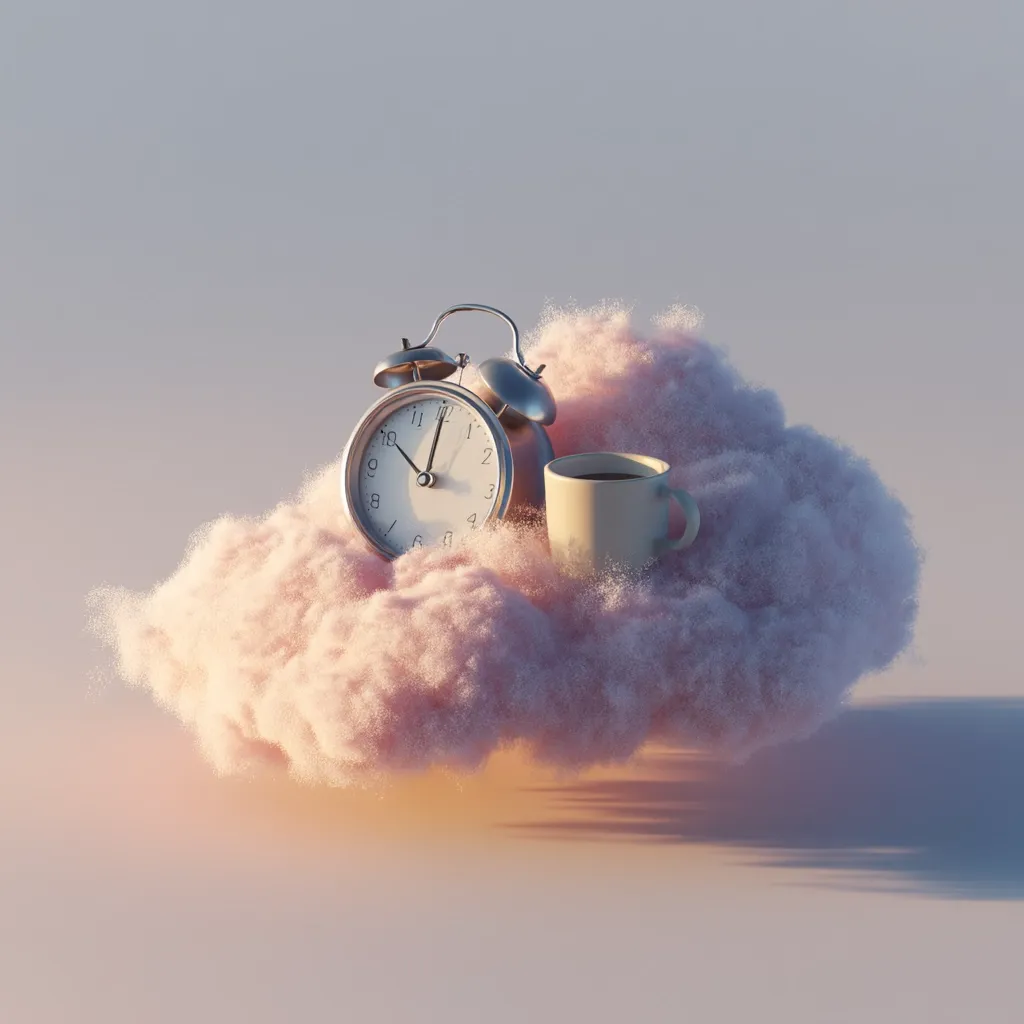 A vintage-style alarm clock and a mug of coffee rest gently on a fluffy, pastel pink cloud.  The scene is serene and dreamlike, suggesting a peaceful awakening or a comforting morning routine. The soft lighting and delicate texture of the cloud create a whimsical and ethereal atmosphere. The time on the clock is subtly visible, adding a detail to the overall peaceful composition.