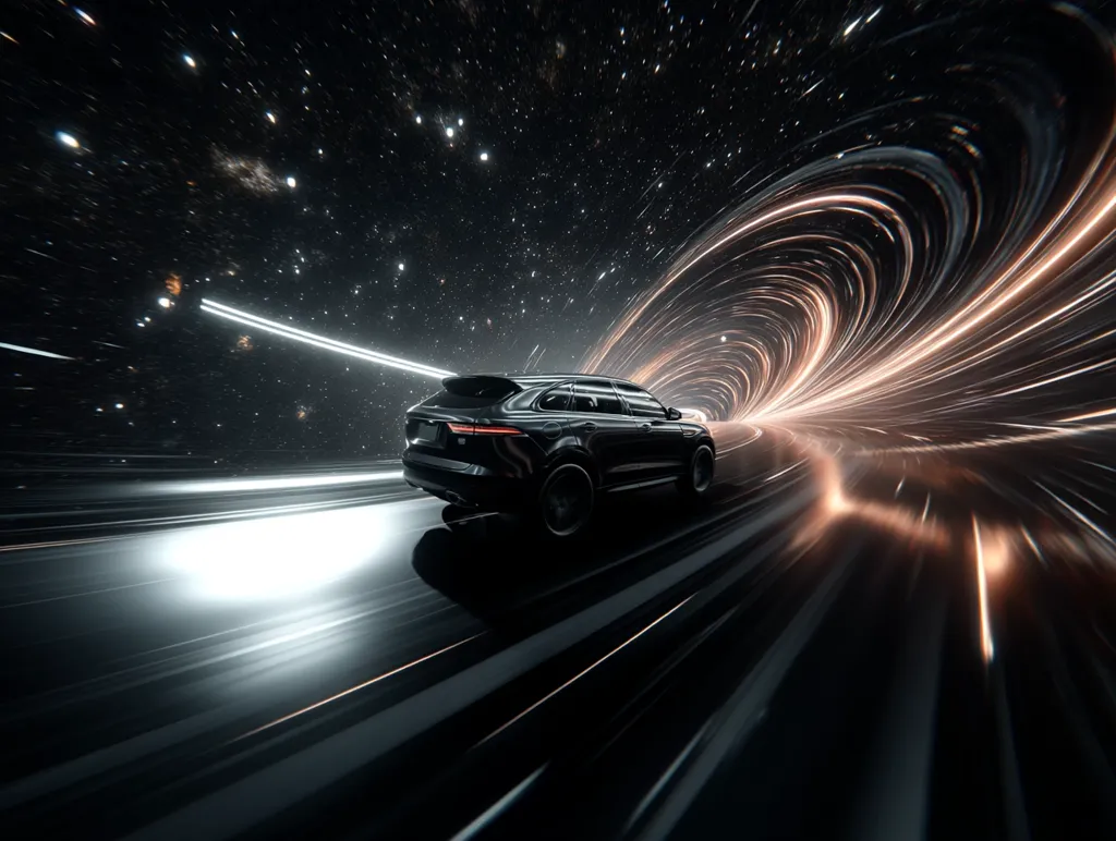 A black Jaguar SUV speeds down a highway, appearing to travel through a cosmic tunnel.  The tunnel is filled with swirling, luminous streaks of light against a backdrop of stars.  The motion blur emphasizes the vehicle's incredible speed, creating a dramatic and futuristic scene.  The image evokes a sense of high-performance and limitless possibilities.