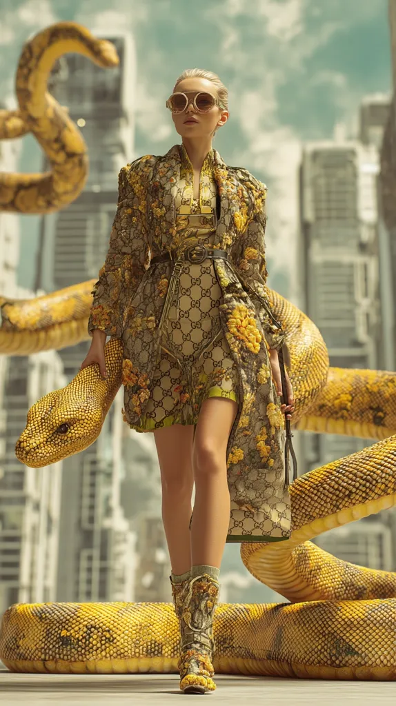 A fashion model, sporting oversized sunglasses and a Gucci-patterned coat adorned with floral embellishments, confidently strides alongside a massive yellow snake.  The scene is set against a backdrop of a futuristic cityscape.  The model carries a matching snake-skin handbag and wears elaborate, high-heeled boots. The overall aesthetic is bold, luxurious, and slightly surreal.