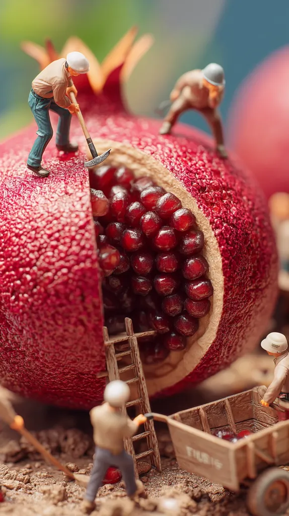Miniature workers are diligently harvesting the seeds from a giant pomegranate.  Using small tools and a ladder, they carefully extract the vibrant red arils and load them into a tiny wooden cart. The scene is a whimsical juxtaposition of scale, highlighting the detail of both the fruit and the miniature figures.  The overall effect is playful and imaginative.