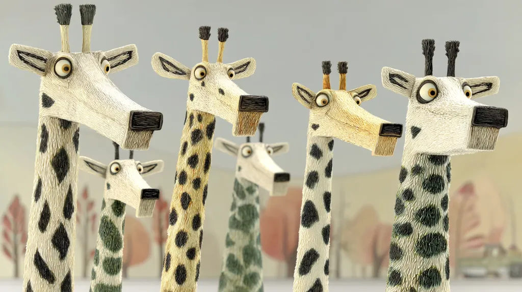 Five stylized giraffe sculptures are arranged in a row, their heads turned slightly toward the viewer.  They are crafted with a textured, almost furry appearance, and feature unique patterns of dark spots on light bodies.  The background is blurred, showing a suggestion of trees and an out-of-focus landscape.  The giraffes have expressive eyes and exaggerated features, giving them a whimsical and charming character.
