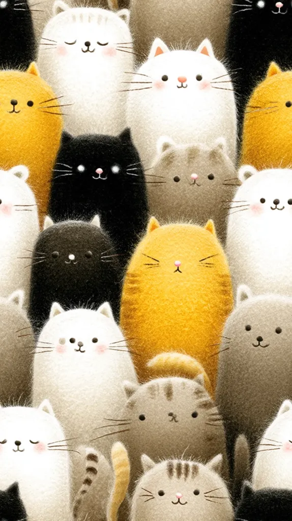 A charming illustration features a multitude of fluffy, cartoon cats in varying colors.  Cream, gray, black, and orange cats are densely packed together, creating a cozy, whimsical scene.  Each cat has a simple, endearing design with large eyes and small mouths, contributing to their overall cute aesthetic. The style is soft and textured, resembling plush toys.