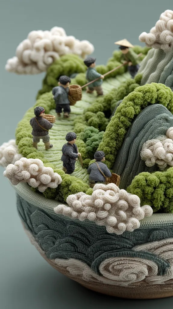 A meticulously crafted textile artwork depicts a miniature landscape.  Small figures, seemingly farmers, traverse a textured, green hillside, carrying baskets.  Stylized clouds and wave patterns, rendered in beige and teal yarns, frame the scene within a bowl-like structure, creating a serene and detailed microcosm.  The texture and artistry are highly visible, showcasing the artist's skill.