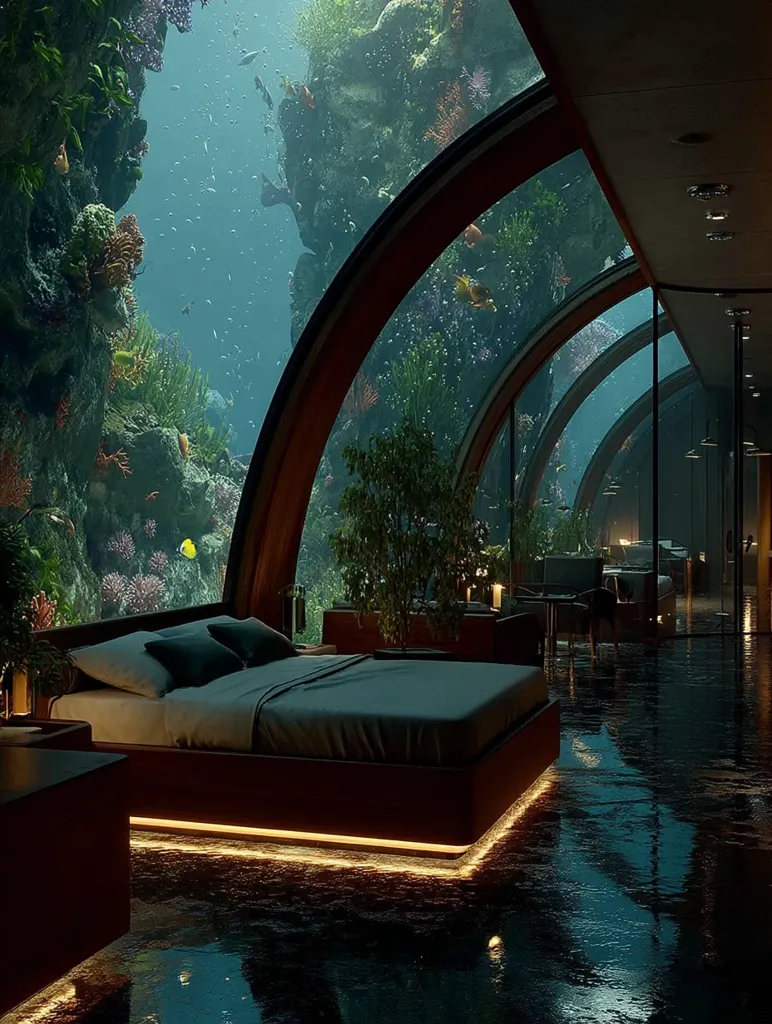 A luxurious bedroom features a large bed with warm lighting, situated beneath a curved, panoramic window showcasing a vibrant underwater scene.  Fish swim amidst coral reefs, creating a mesmerizing view.  The sleek, dark floor reflects the underwater environment, adding to the tranquil, otherworldly atmosphere.  The room's design is modern and minimalist, complementing the unique aquatic backdrop.