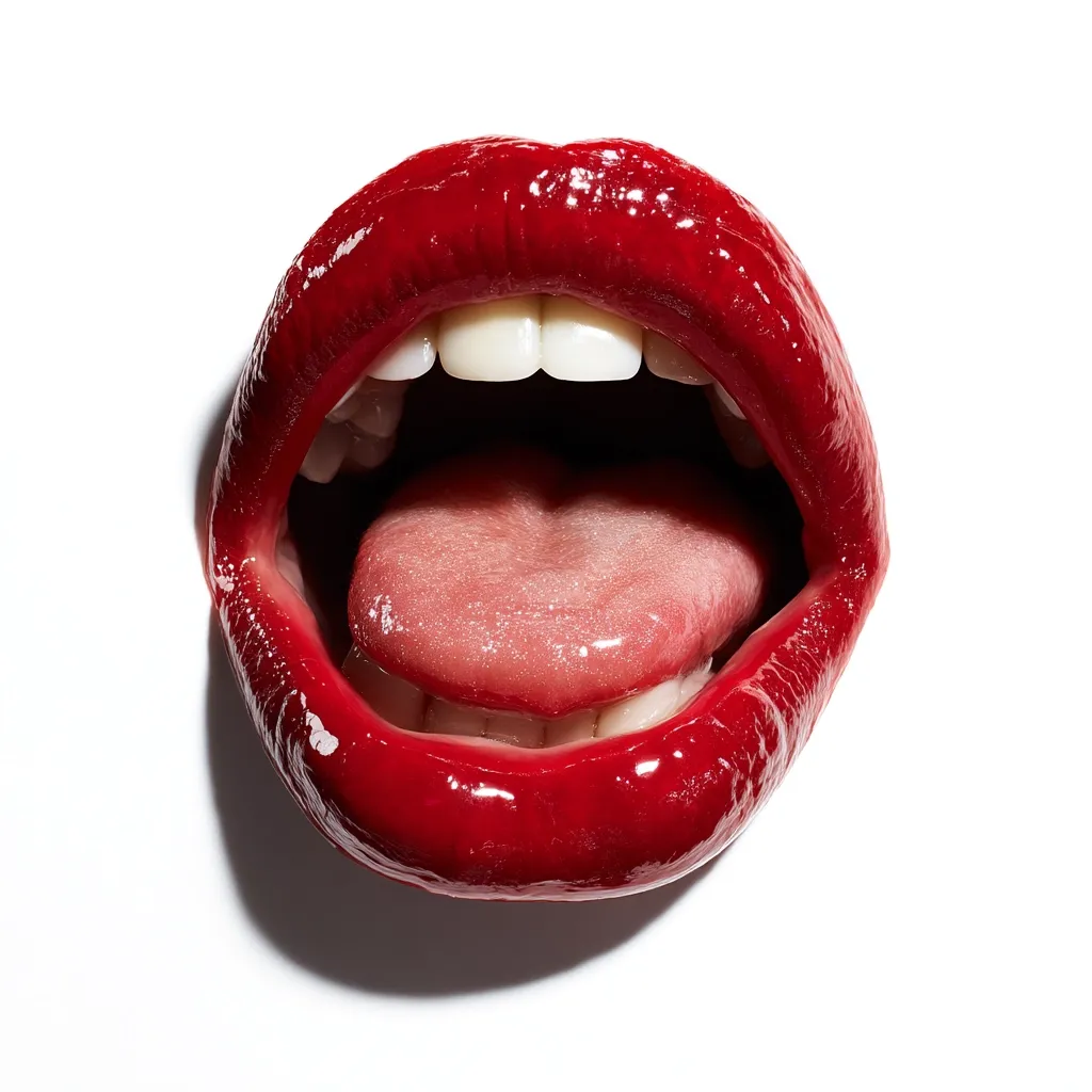 A close-up shot reveals a woman's mouth, dramatically showcasing glossy, vibrant red lips parted to reveal her tongue and teeth. The image is striking in its simplicity, focusing solely on the texture and color of the lips and the contrast against the white background.  The lighting accentuates the shine of the lipstick and the moistness of the tongue.