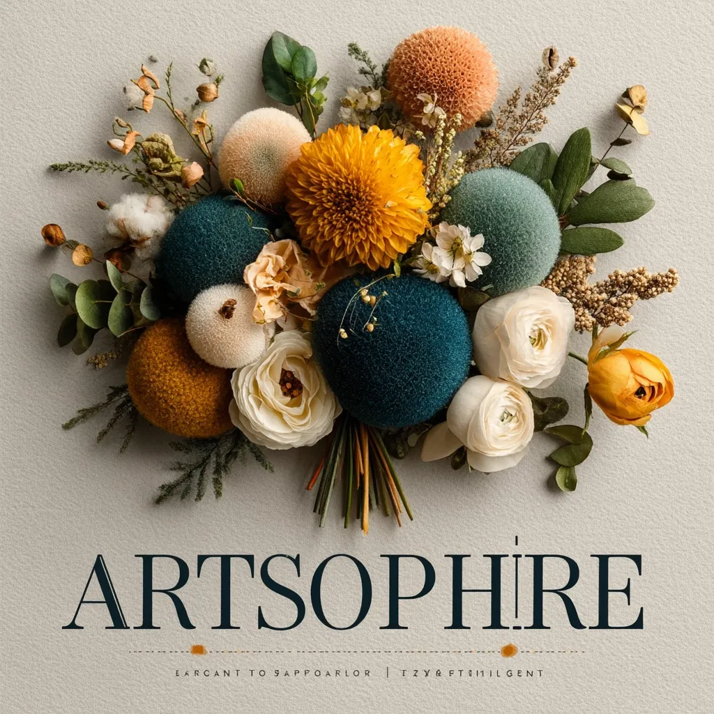 A vibrant bouquet of artificial flowers is artfully arranged.  Textured teal and mustard-toned pom-poms are interspersed with creamy white ranunculus, a bold yellow sunflower, and delicate dried flowers.  The overall aesthetic is autumnal and sophisticated, with the word "ARTSOPHIre" prominently displayed below.  The image suggests artistry and elegance.