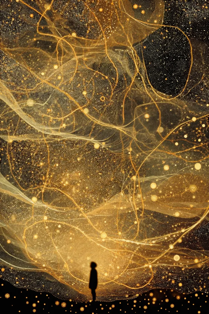 A lone figure stands silhouetted against a breathtaking display of golden lights.  Intricate, flowing lines of light weave through a vast, ethereal net, resembling a celestial landscape.  Thousands of tiny lights sparkle, creating a mesmerizing, otherworldly effect. The overall impression is one of awe and wonder, a magical scene bathed in warm, golden light.