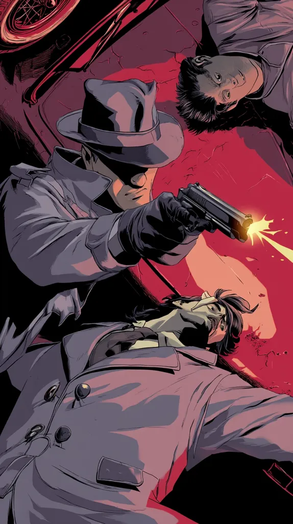 A dramatic illustration depicts a fedora-wearing detective aiming a pistol at a man lying on the ground, possibly deceased.  Another man lies lifeless above, near a vintage car. The scene is set against a stark red backdrop, emphasizing the violent nature of the moment. The style is reminiscent of graphic novels and crime thrillers.  The color palette is muted, with deep reds and purples creating a somber mood.