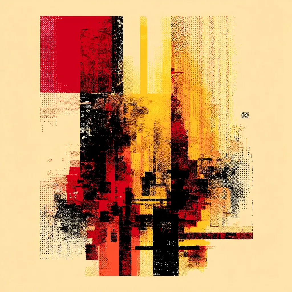 An abstract digital painting dominated by a central column of fragmented, pixelated shapes.  Reds, oranges, yellows, and blacks are layered and juxtaposed against a pale beige background, creating a sense of depth and movement. The style suggests a digital glitch or a fractured cityscape, with the color blocks forming an almost architectural structure.  The overall effect is bold and energetic.