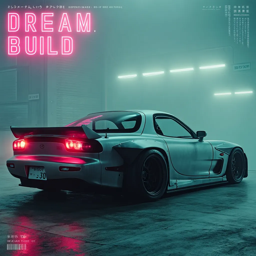 A sleek, silver Mazda RX-7 sits in a dimly lit garage, its neon-pink "DREAM. BUILD" title prominent above. The car's modified body kit and large wheels are highlighted, showcasing a custom build.  The teal-toned atmosphere and minimalist backdrop emphasize the car's design, creating a stylish and evocative image.  Japanese text is visible, suggesting a magazine cover or promotional material.