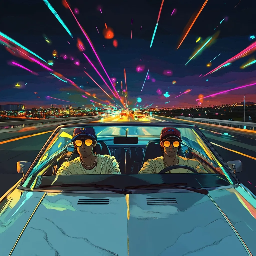 A vibrant, stylized illustration depicts two young men in a convertible speeding down a highway at night.  Neon-colored streaks, resembling shooting stars, fill the sky above a cityscape in the distance. The men wear caps and sunglasses, their expressions focused on the road. The overall aesthetic is reminiscent of 80s synthwave, with bold colors and dynamic energy.