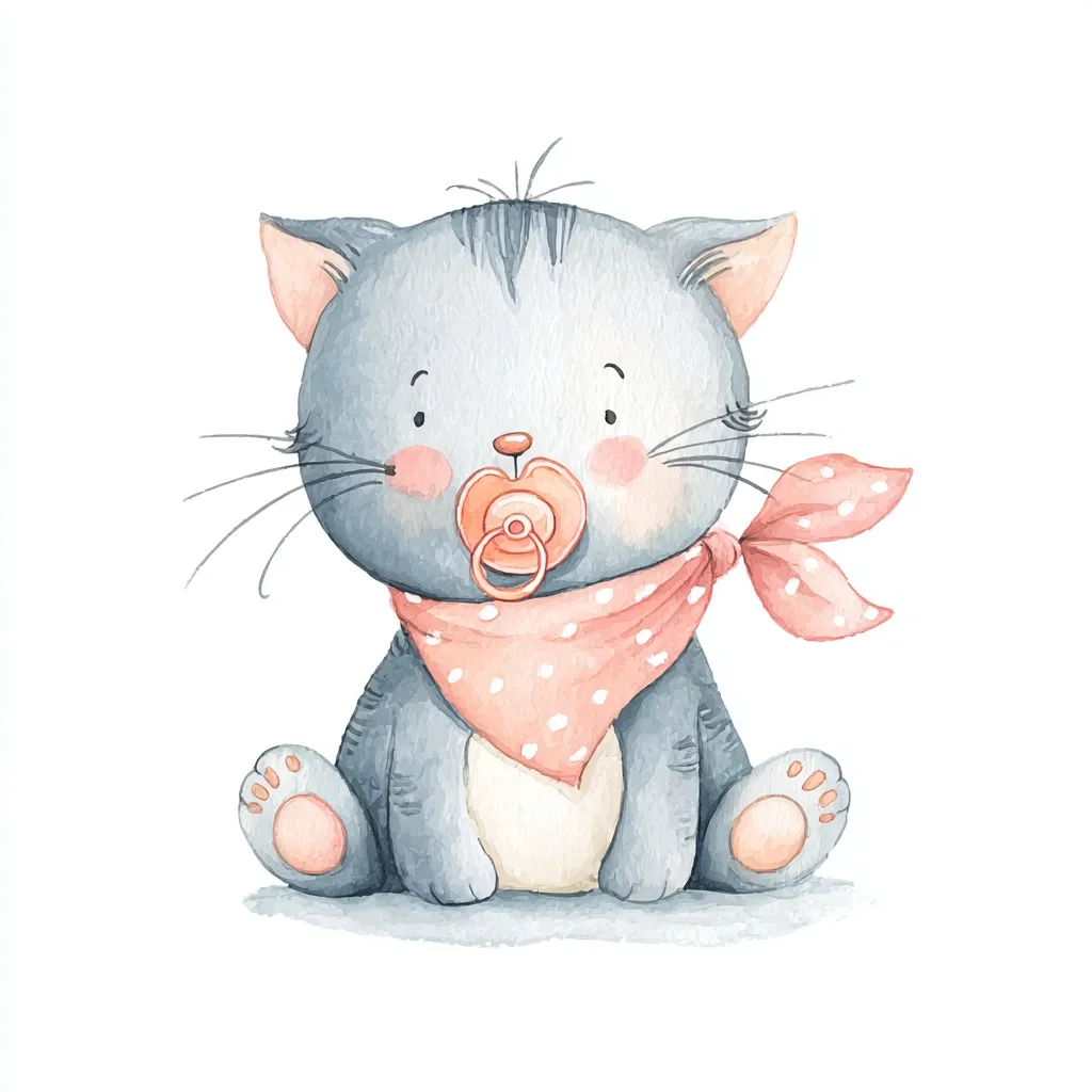 A watercolor illustration of an adorable baby kitten.  The kitten is gray with large, expressive eyes and rosy cheeks. It's wearing a pink polka-dotted bandana and has a pacifier in its mouth. The style is cute and whimsical, perfect for children's books or cards.  The kitten is sitting with its paws neatly tucked underneath it.
