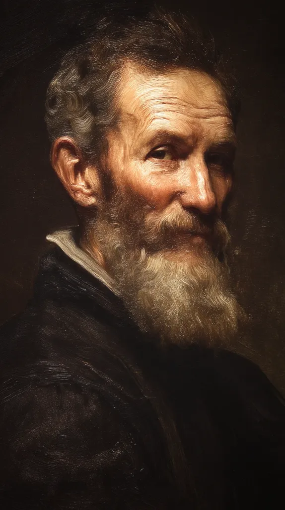 A close-up portrait of an older man with a thick, graying beard. His expression is somewhat pensive, his gaze directed slightly away from the viewer. He wears a dark, collared garment, the texture of which is visible in the painting's brushstrokes. The lighting emphasizes the wrinkles on his face and the texture of his beard, adding depth and realism to the portrayal. The overall mood is one of quiet contemplation and age.