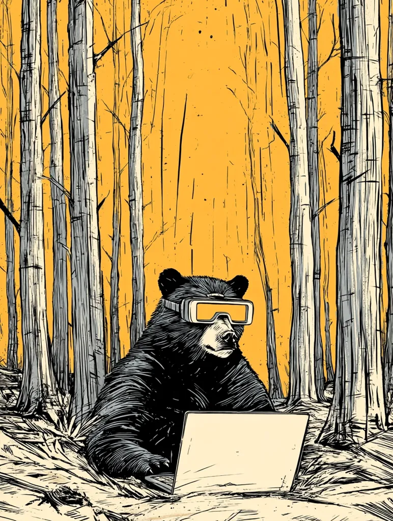 A black bear sits amidst a golden-hued forest, wearing protective goggles and using a laptop.  The stylized artwork uses bold lines and contrasting colors, creating a whimsical yet slightly surreal image.  The bear appears engrossed in its digital task, blending the natural world with technological advancements.  The overall mood is peaceful yet intriguing.