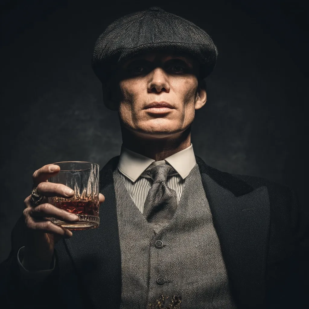 A man, sharply dressed in a three-piece suit, waistcoat, and newsboy cap, holds a glass of amber liquid. His serious expression and attire evoke a 1920s gangster aesthetic.  The dark background emphasizes the man and his drink, creating a dramatic portrait. The image suggests power, mystery, and a sense of old-world sophistication.