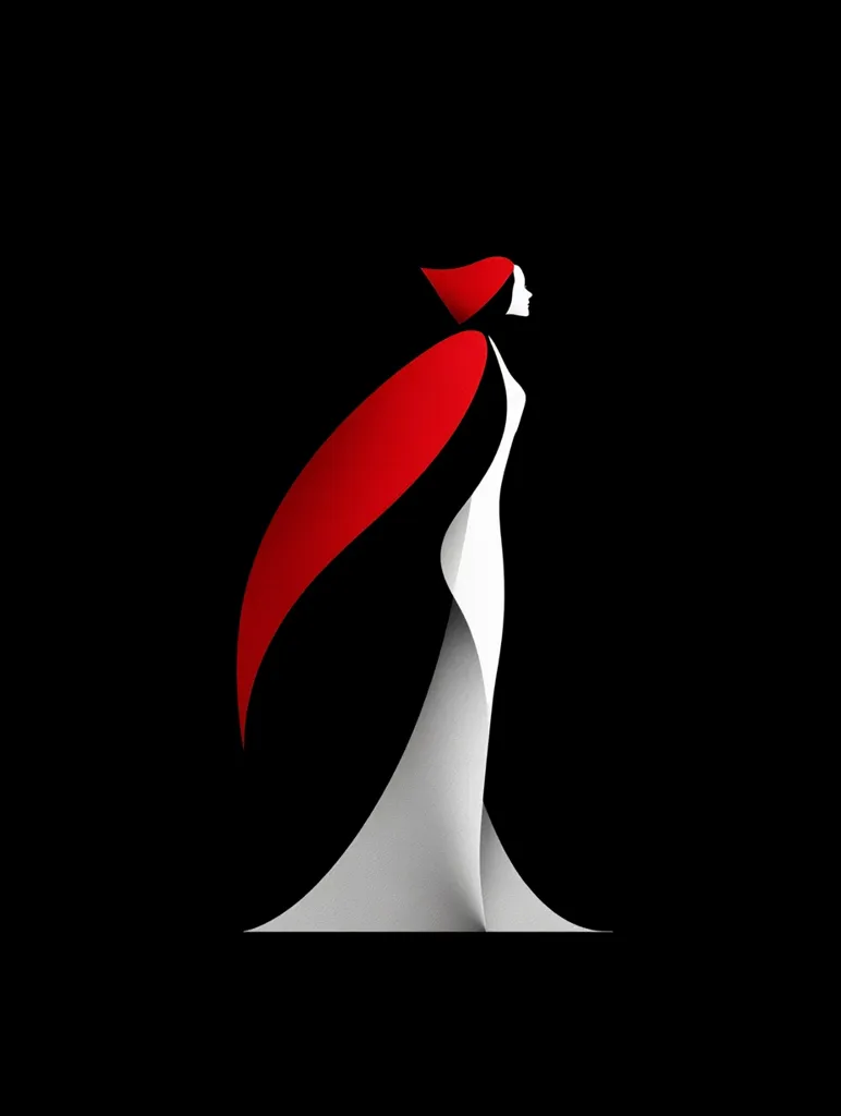 A stylized illustration of a woman in a flowing white gown and a vibrant red cape. The figure is depicted in profile, facing right against a stark black background. The minimalist design emphasizes the elegant lines of the dress and the dramatic contrast between the white and red. The overall effect is one of sophistication and mystery.