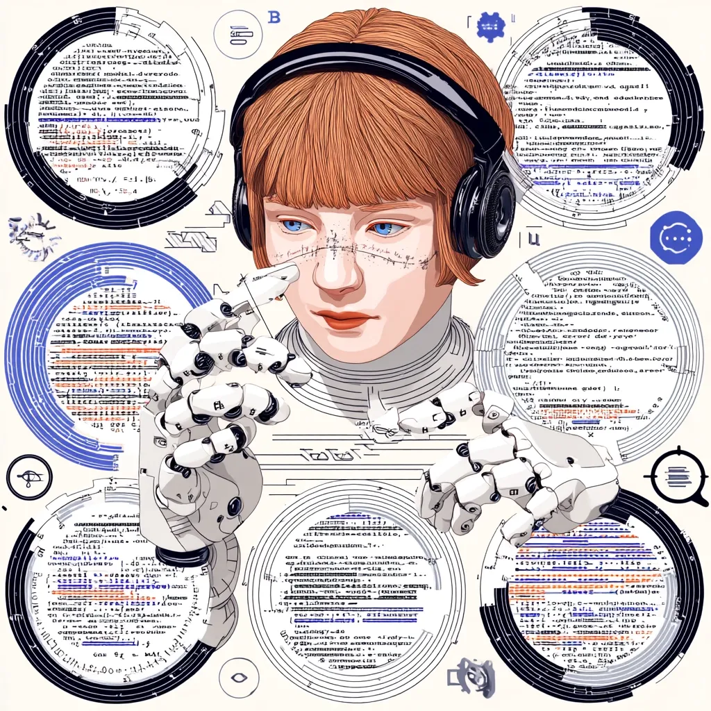 A stylized illustration depicts a young woman with reddish-brown hair, wearing headphones, and interacting with robotic hands.  Her face is partially overlaid with a grid-like pattern.  The background is filled with circular elements containing lines of code, suggesting a technological or digital context. The overall style is detailed and intricate, blending elements of portraiture with technical schematics.
