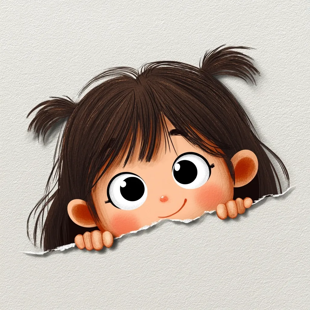 A charming illustration depicts a young girl with dark brown hair styled in pigtails, peeking playfully from behind a torn piece of light gray paper.  Her large, expressive eyes and gentle smile create a sense of innocent curiosity. The girl's rosy cheeks and detailed hair add to the image's warmth and appeal. The textured paper background complements the overall soft and inviting style.