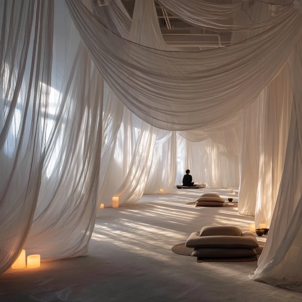 A serene space is created by flowing white fabric draped from the ceiling, forming an ethereal tunnel.  Soft sunlight filters through, illuminating a person meditating on a cushion.  Scattered candles and additional cushions create a tranquil and calming atmosphere ideal for mindfulness and relaxation.  The overall effect is one of peace and quiet contemplation.